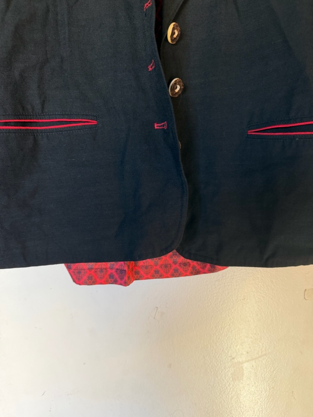 Altenbeurer Black Linen Blend Blazer Red Trim Lined Jacket Size 38 Vintage Style - Picture 9 of 10